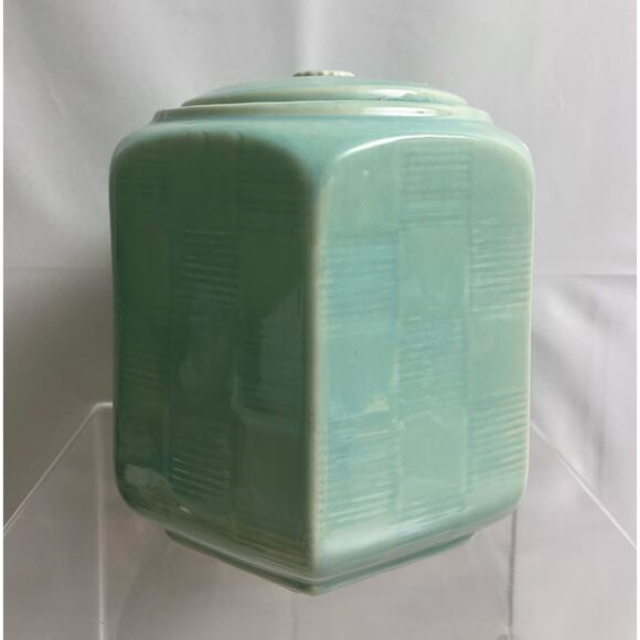 Shawnee USA Late 30s Hexagon Basket Weave Pottery Cookie Jar Aqua Mint Turquoise - Picture 5 of 8